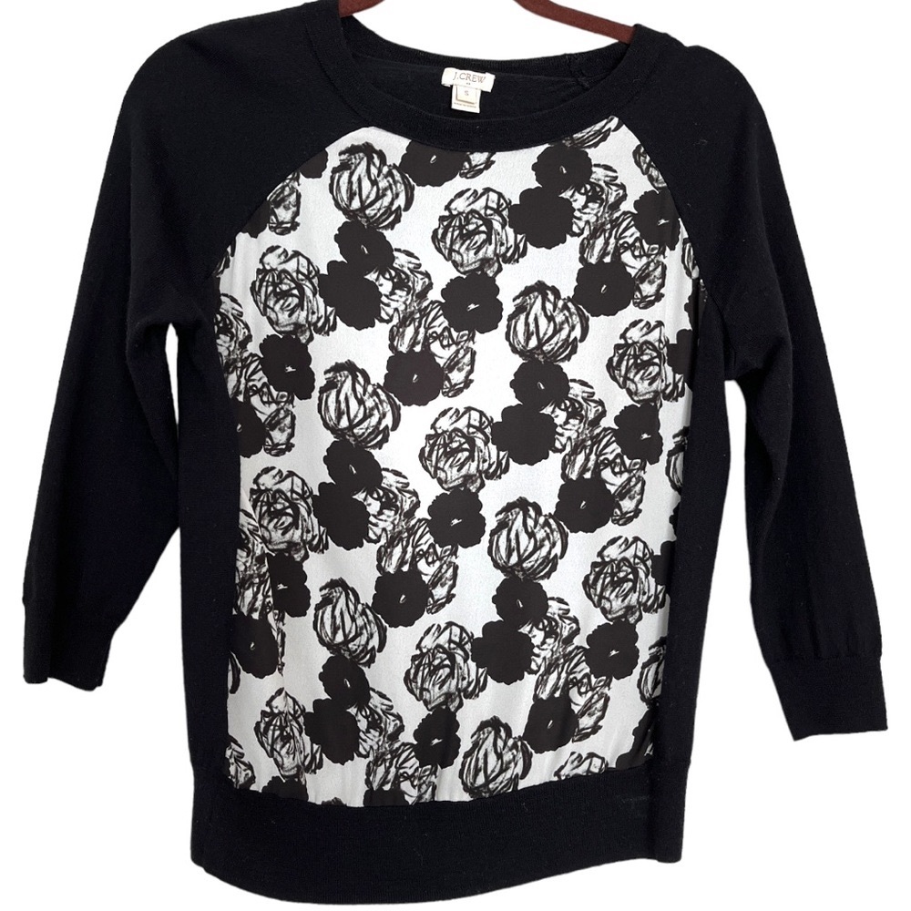 J. Crew Women Merino Wool Sweater Black White Floral Front 3/4 Sleeve, Size S